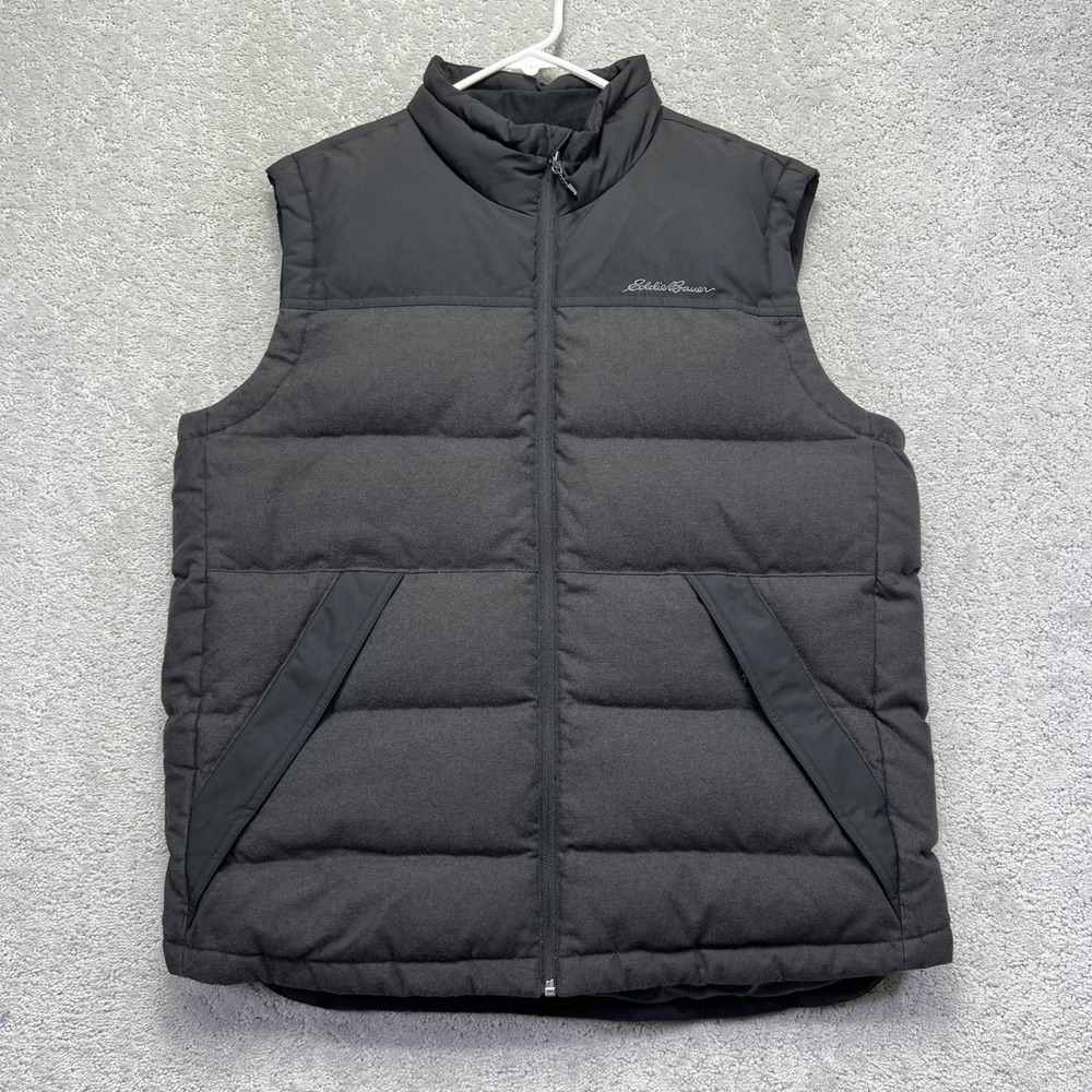 Eddie Bauer Down Puffer Vest Mens L Gray Black Insulated Outdoor Hiking Utility